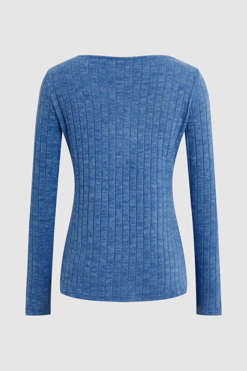 Solid Rib-Knit V Neck Long Sleeve T-Shirt