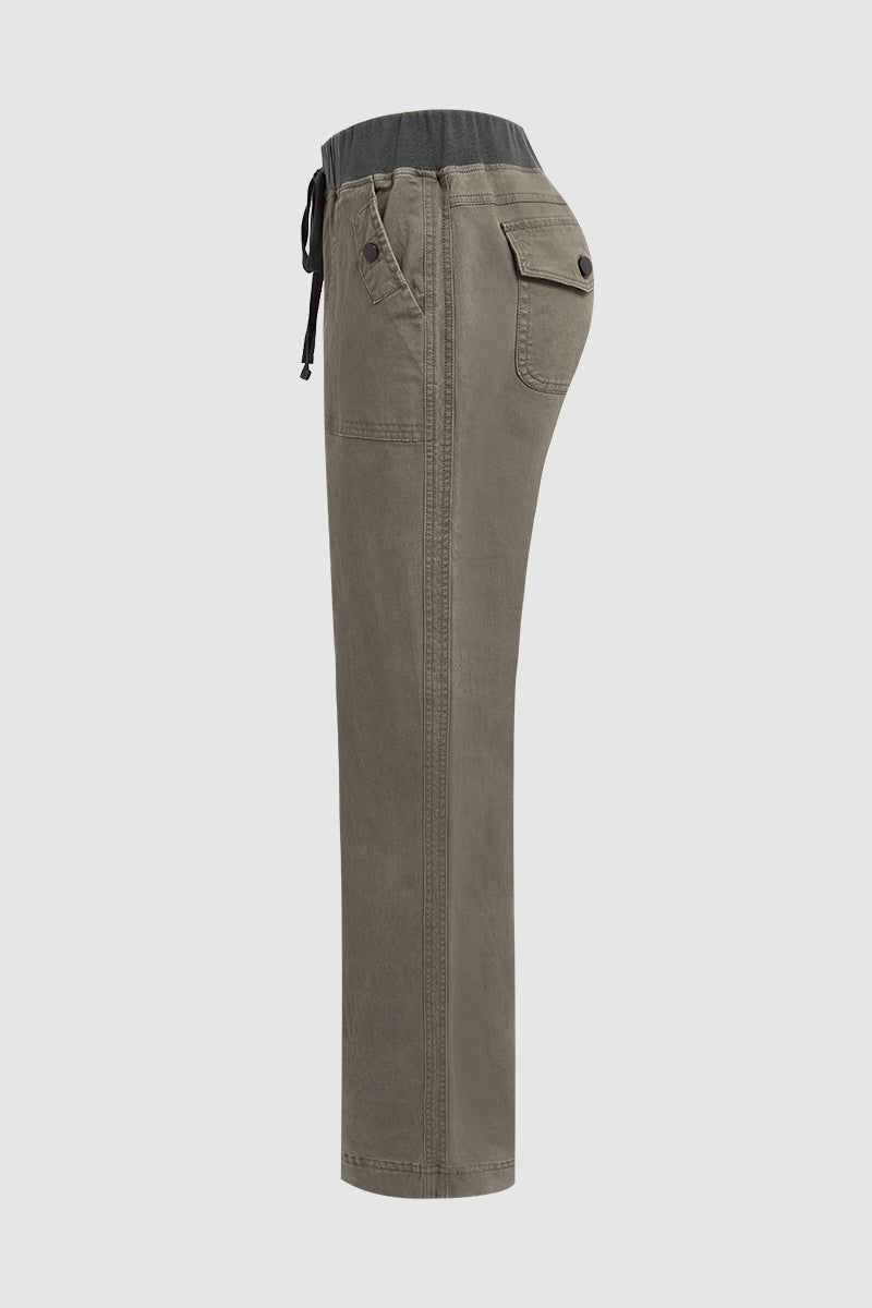 Solid Seam Detail Drawstring Mid Rise Straight Leg Pants