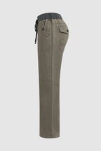 Solid Seam Detail Drawstring Mid Rise Straight Leg Pants