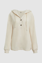 Waffle Knit Half Button Placket Drawstring Hooded Long Sleeve T-Shirt
