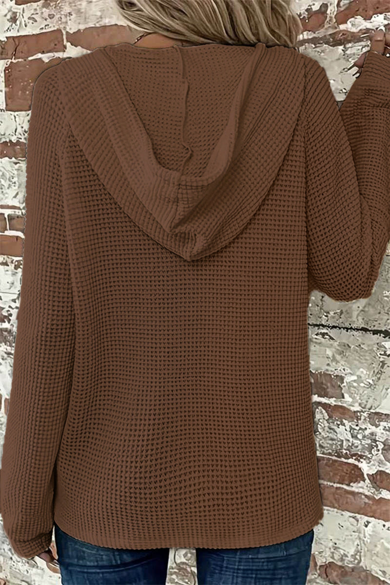 Waffle Knit Half Button Placket Drawstring Hooded Long Sleeve T-Shirt