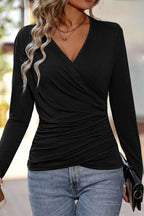 Solid Wrap Ruched V Neck Long Sleeve T-Shirt