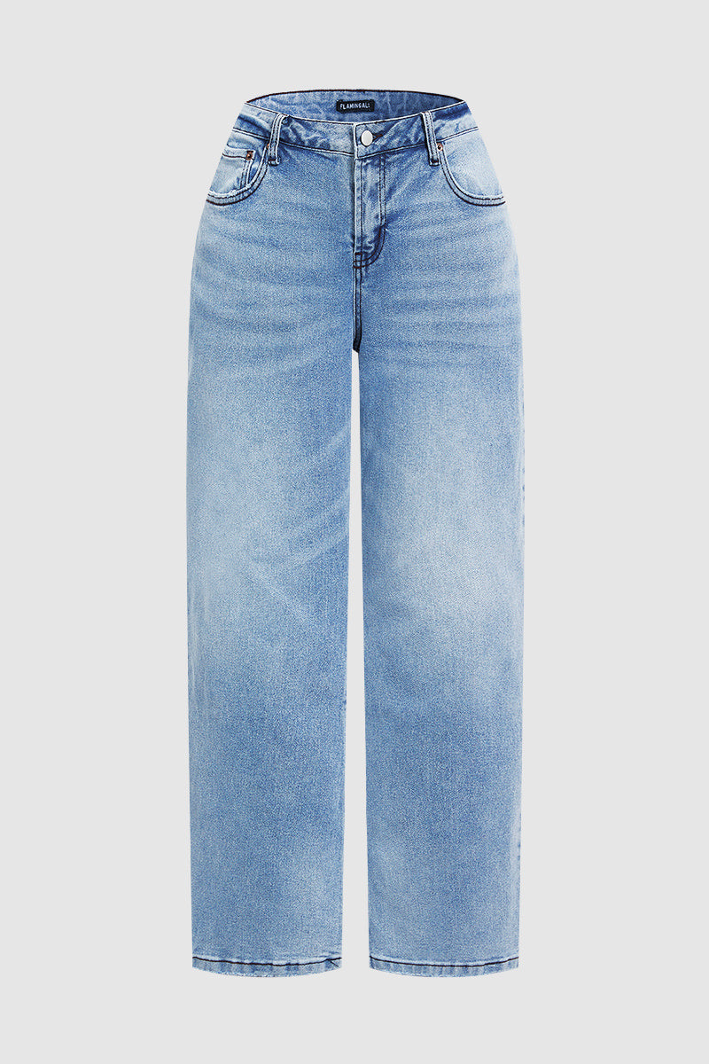 Wash Stretchy Mid Waist Straight Leg Jeans
