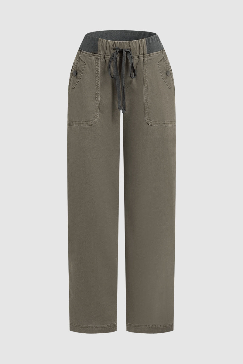 Solid Seam Detail Drawstring Mid Rise Straight Leg Pants