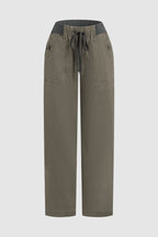 Solid Seam Detail Drawstring Mid Rise Straight Leg Pants