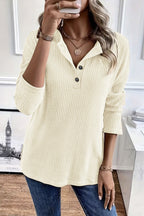Solid Rib-Knit Half Button Long Sleeve T-Shirt