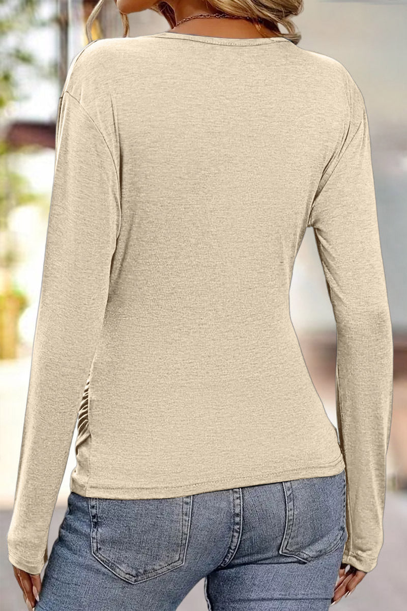 Solid Wrap Ruched V Neck Long Sleeve T-Shirt