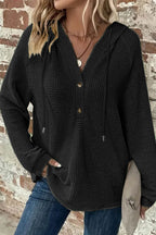 Waffle Knit Half Button Placket Drawstring Hooded Long Sleeve T-Shirt