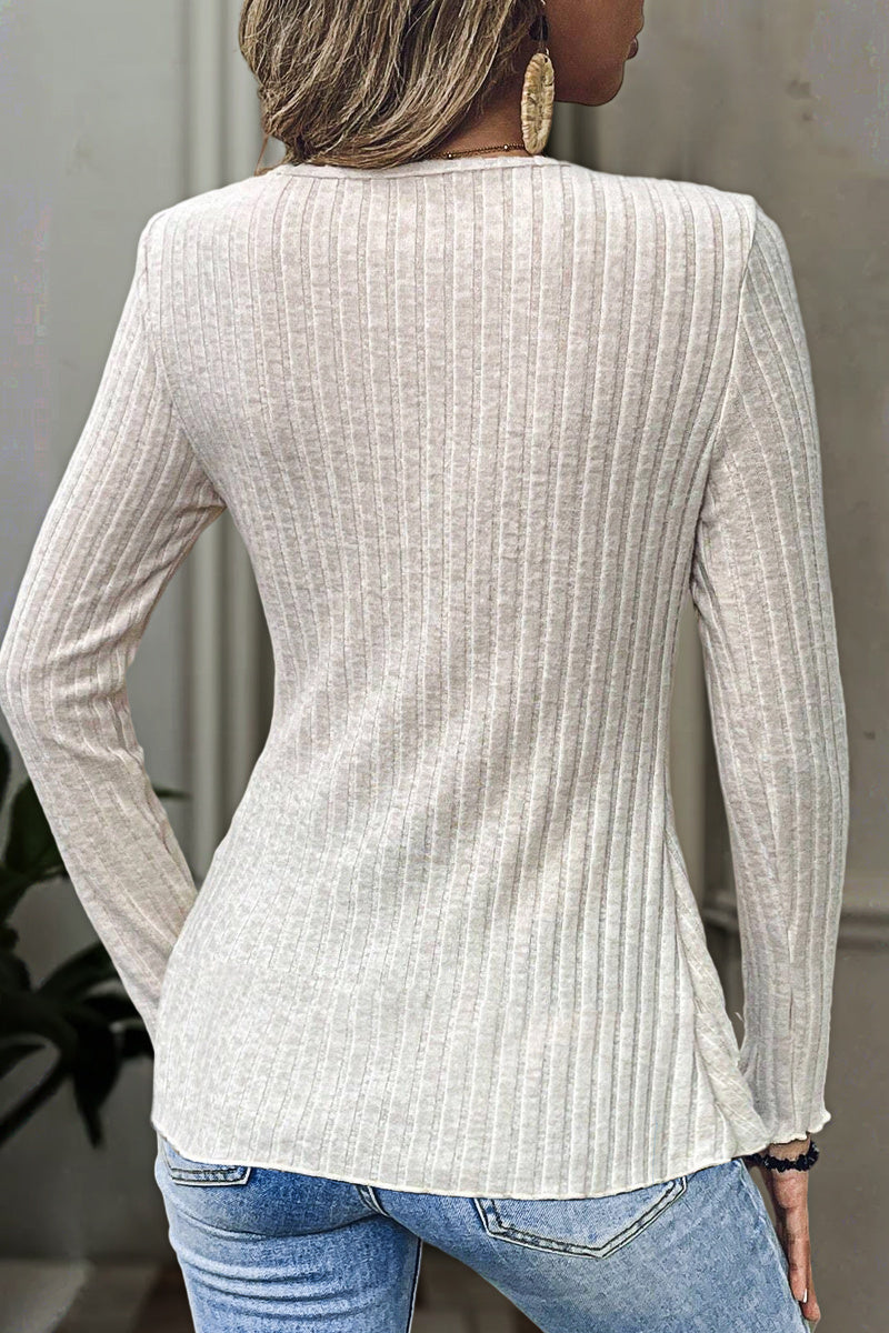 Rib Knit Drawstring Lettuce Trim V Neck Long Sleeve T-Shirt