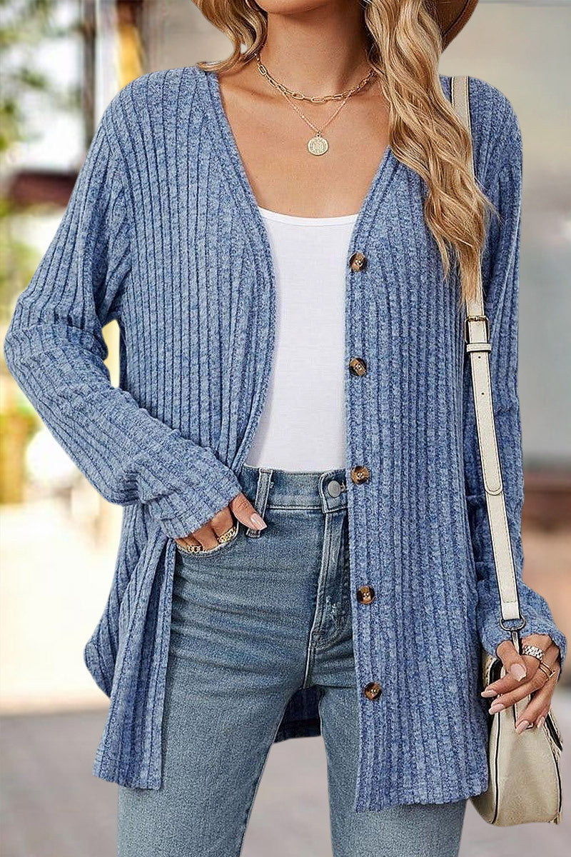 Solid Ribbed Split Side Button Up Long Sleeve Cardigan