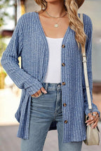 Solid Ribbed Split Side Button Up Long Sleeve Cardigan