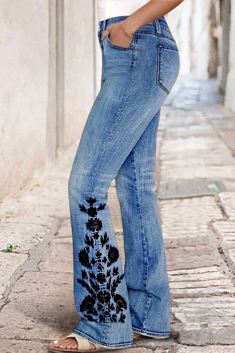 Floral Embroidery Wash Mid Waist Bootcut Jeans