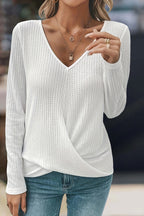Solid Waffle Knit Wrap V Neck Long Sleeve T-Shirt