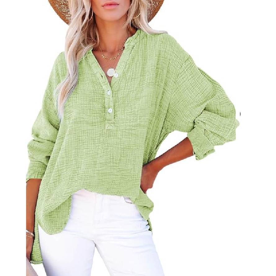 Womens Casual Button V Neck Long Sleeve Shirts Oversized Solid Blouses Tops