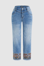 Tribal Embroidery Raw Hem Mid Rise Straight Leg Crop Jeans