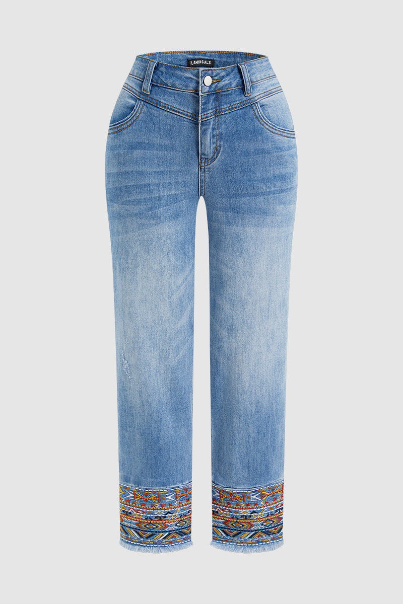 Tribal Embroidery Raw Hem Mid Rise Straight Leg Crop Jeans