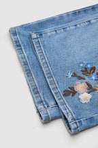 Wash Floral Embroidery Mid Rise Straight Leg Jeans