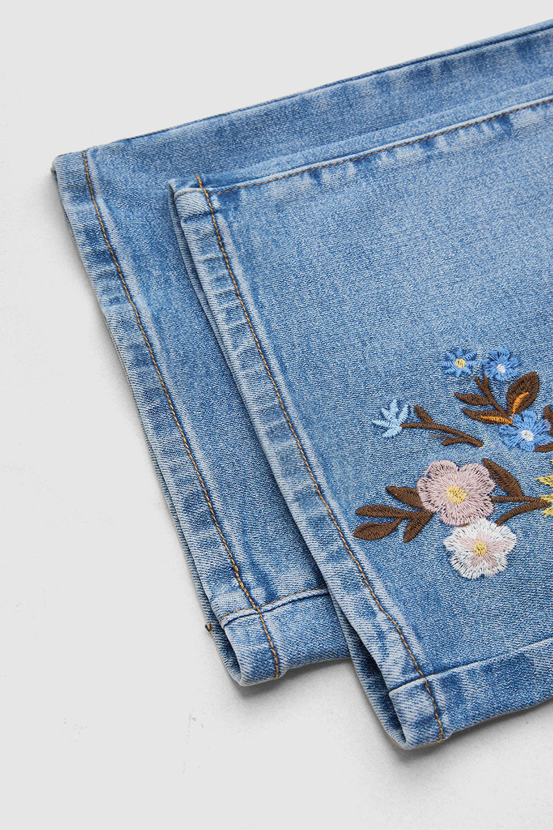 Wash Floral Embroidery Mid Rise Straight Leg Jeans
