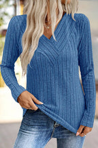 Solid Rib-Knit V Neck Long Sleeve T-Shirt