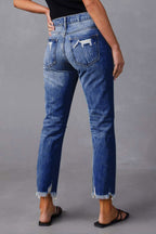 Wash Ripped Raw Hem Mid Rise Crop Jeans