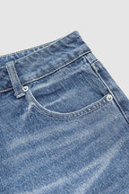 Split Raw Hem Mid Waist Denim Mid Thigh Shorts