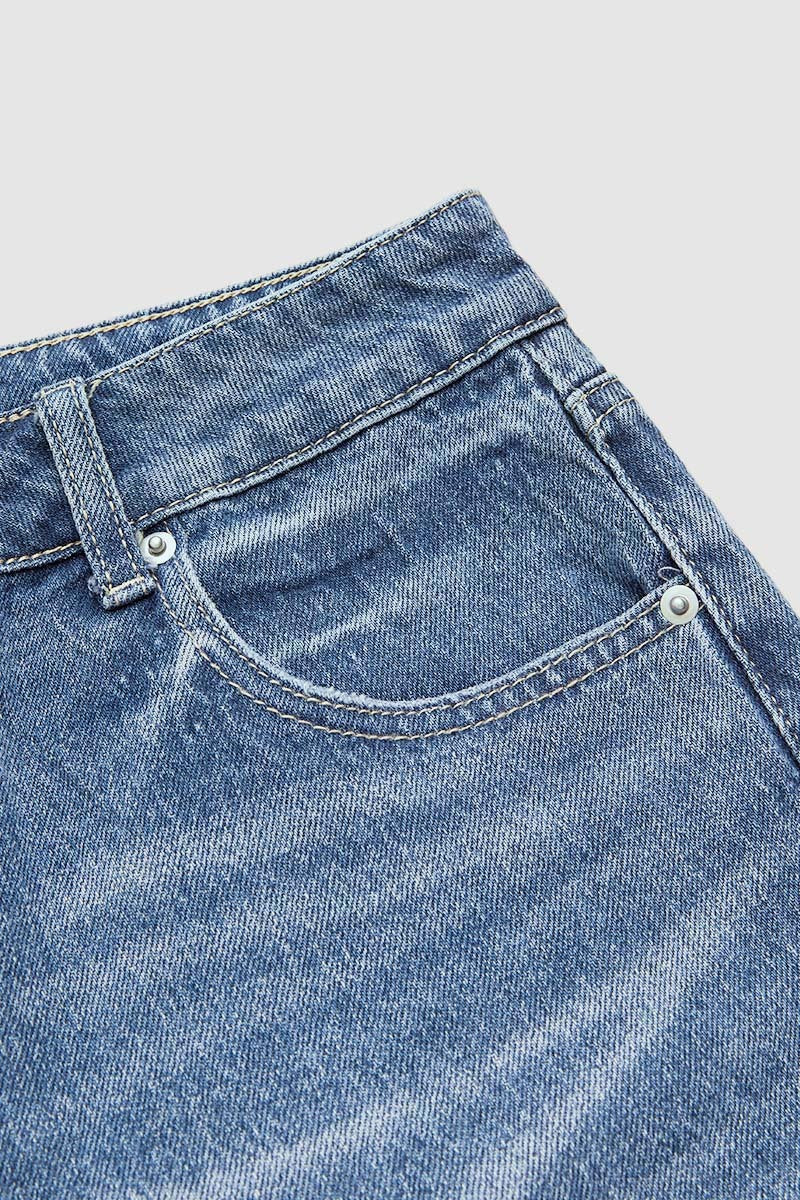 Split Raw Hem Mid Waist Denim Mid Thigh Shorts
