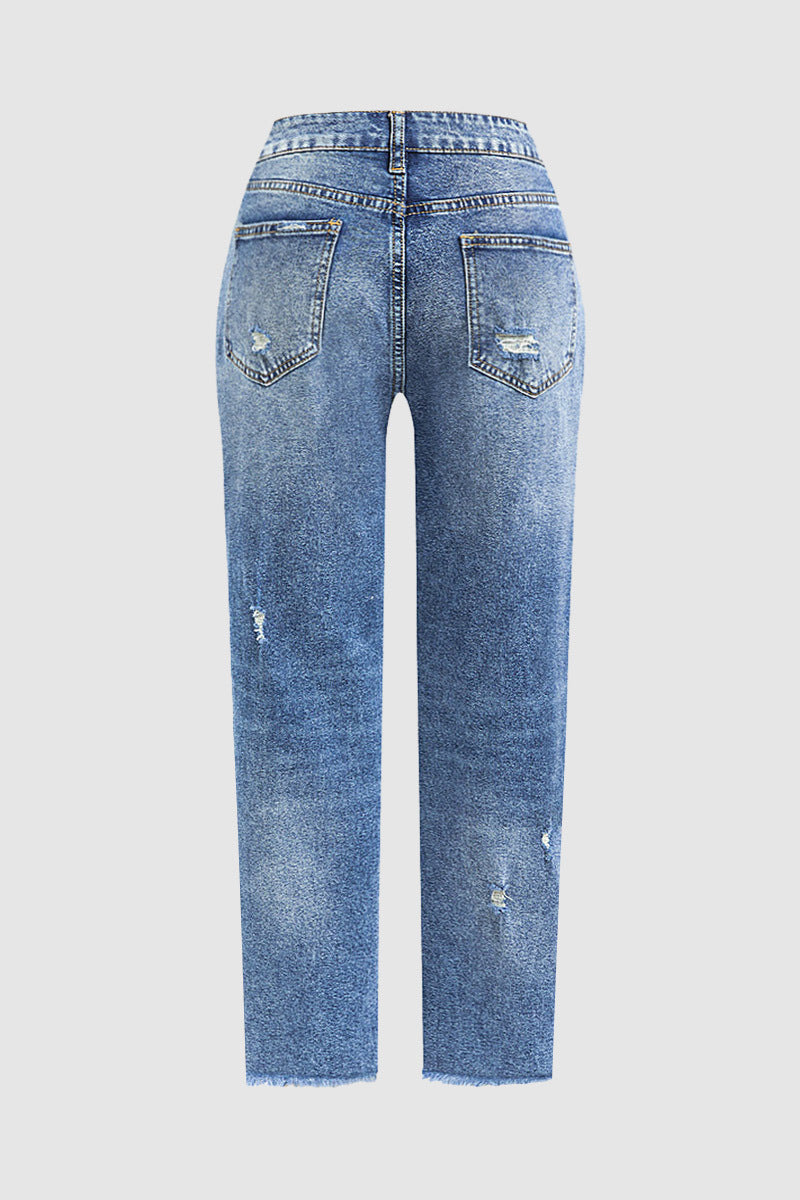 Raw Hem Ripped Mid Rise Straight Leg Crop Jeans