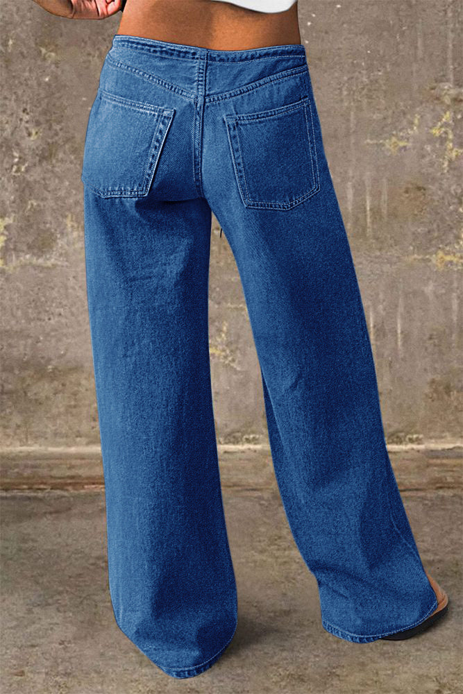 Drawstring Adjustable Mid Waist Straight Leg Jeans