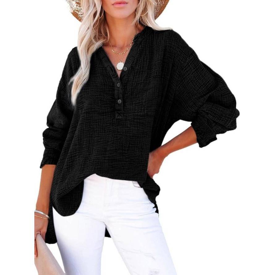 Womens Casual Button V Neck Long Sleeve Shirts Oversized Solid Blouses Tops