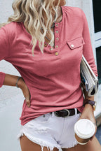 Solid Button Front Round Neck Long Sleeve T-Shirt