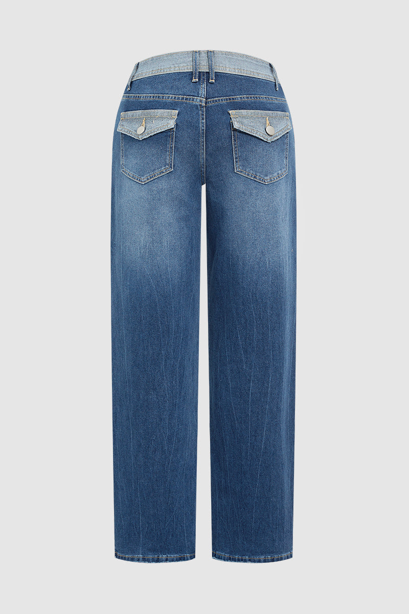 Colorblock Flap Pocket Back Low Rise Straight Leg Jeans