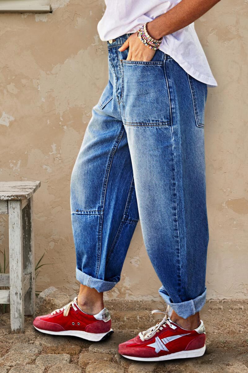 Roll Hem Stitch Detail Patch Pocket High Waist Barrel Leg Crop Jeans