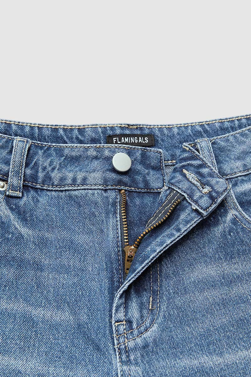 Split Raw Hem Mid Waist Denim Mid Thigh Shorts