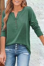Button Front Scallop Hem Notched Neck Long Sleeve T-Shirt