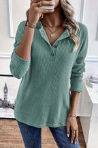 Solid Rib-Knit Half Button Long Sleeve T-Shirt