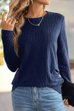 Textured Button Side Round Neck Long Sleeve T-Shirt