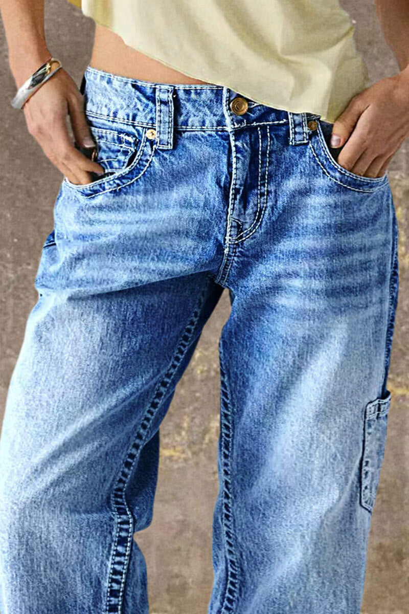 Wash Multi Pocket Mid Rise Straight Leg Jeans