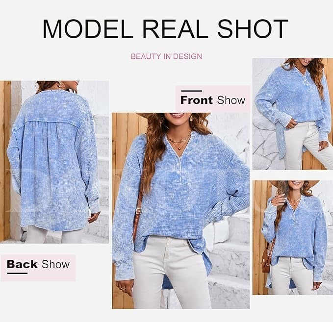 Womens Casual Button V Neck Long Sleeve Shirts Oversized Solid Blouses Tops