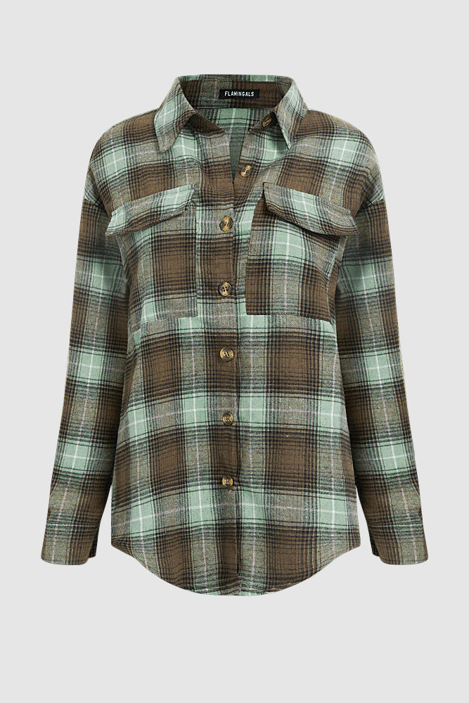 Plaid Pattern Flap Pocket Button Front Asymmetrical Hem Shirt