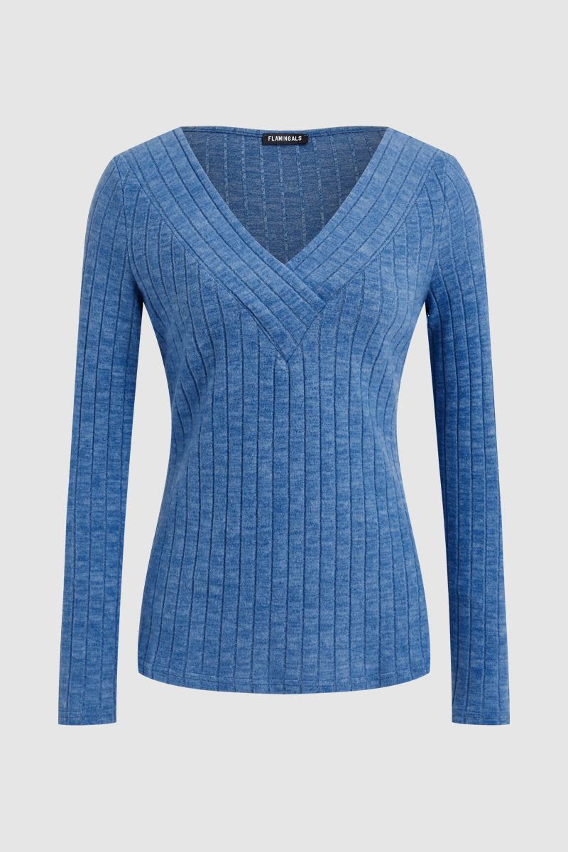 Solid Rib-Knit V Neck Long Sleeve T-Shirt
