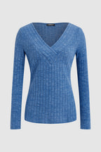 Solid Rib-Knit V Neck Long Sleeve T-Shirt