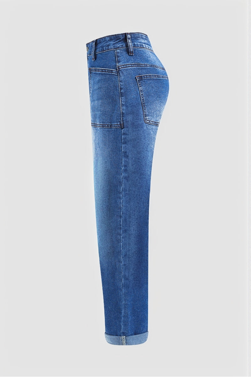 Roll Hem Stitch Detail Patch Pocket High Waist Barrel Leg Crop Jeans