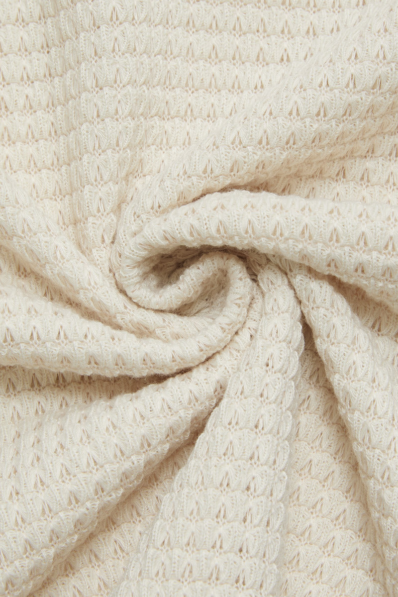 Waffle Knit Half Button Placket Drawstring Hooded Long Sleeve T-Shirt