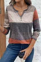 Colorblock Button Decor Notched Neck Long Sleeve T-Shirt