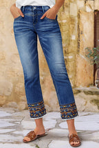 Tribal Embroidery Raw Hem Mid Rise Straight Leg Crop Jeans
