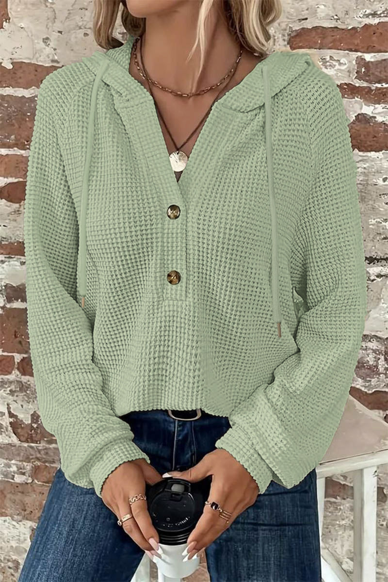 Waffle Knit Half Button Placket Drawstring Hooded Long Sleeve T-Shirt