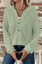 Waffle Knit Half Button Placket Drawstring Hooded Long Sleeve T-Shirt