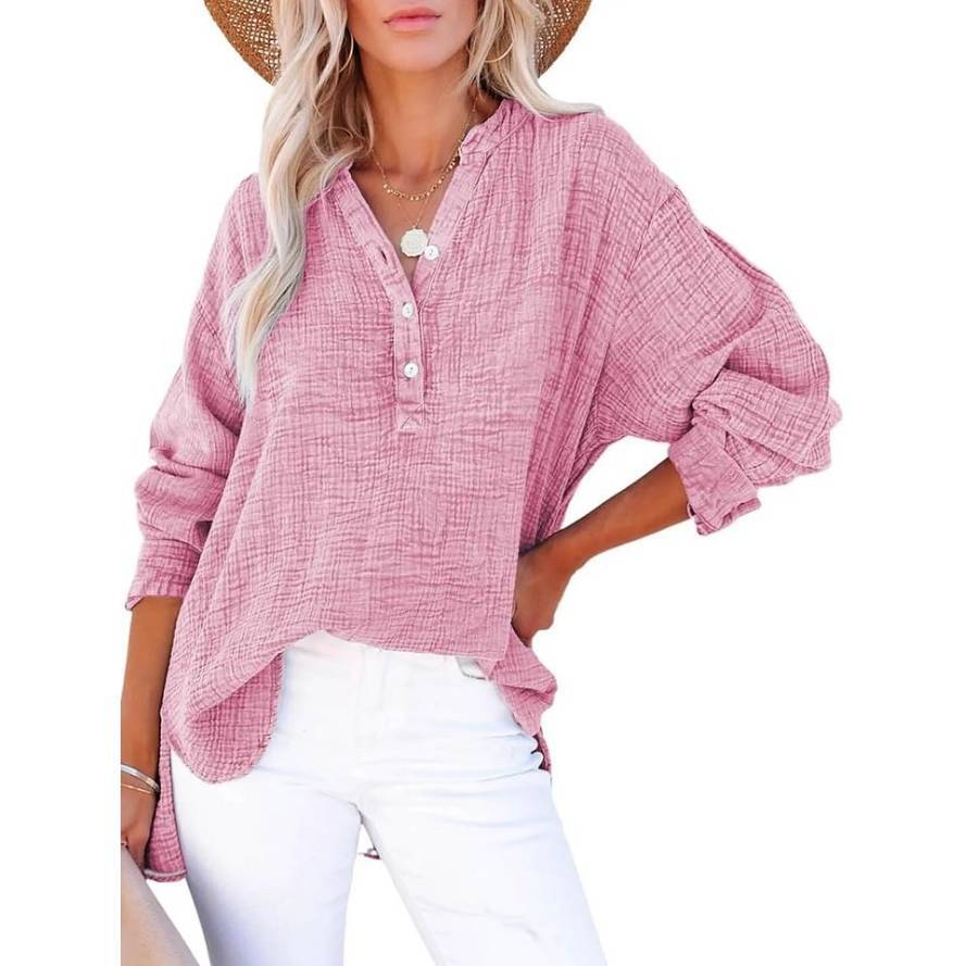 Womens Casual Button V Neck Long Sleeve Shirts Oversized Solid Blouses Tops