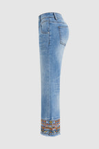 Tribal Embroidery Raw Hem Mid Rise Straight Leg Crop Jeans