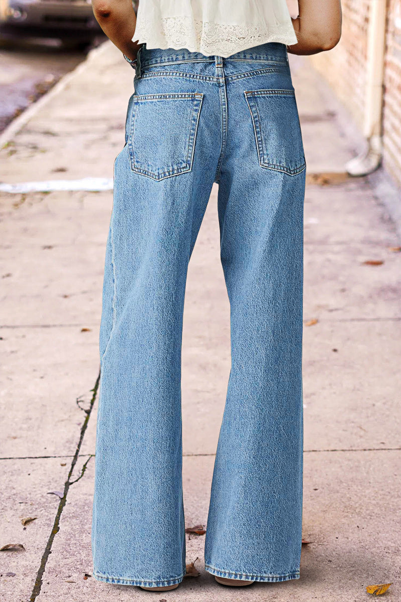 Wash Floral Embroidery Mid Rise Straight Leg Jeans